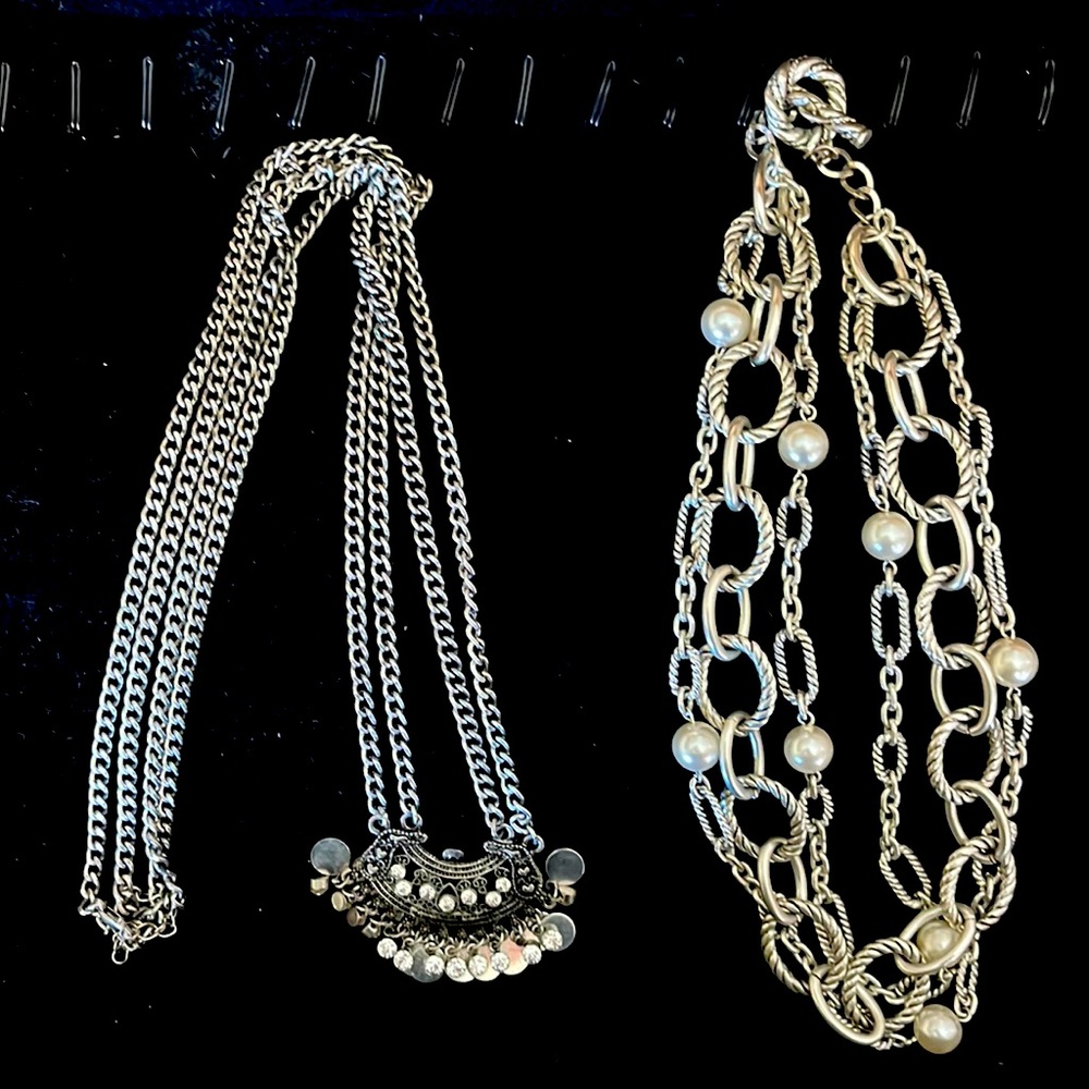 Silver link necklace and silver with rhinestone necklace